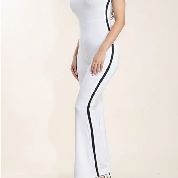 White Black Stripe Catsuit Jumper Romper Stretch - Picture 3 of 5